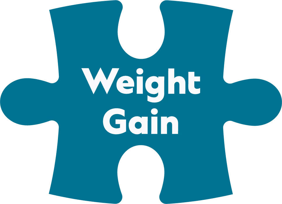 Teal puzzle piece with the words 'Weight Gain' in white bold letters.