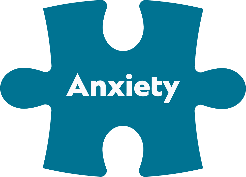 Blue puzzle piece with the word Anxiety in white bold letters.