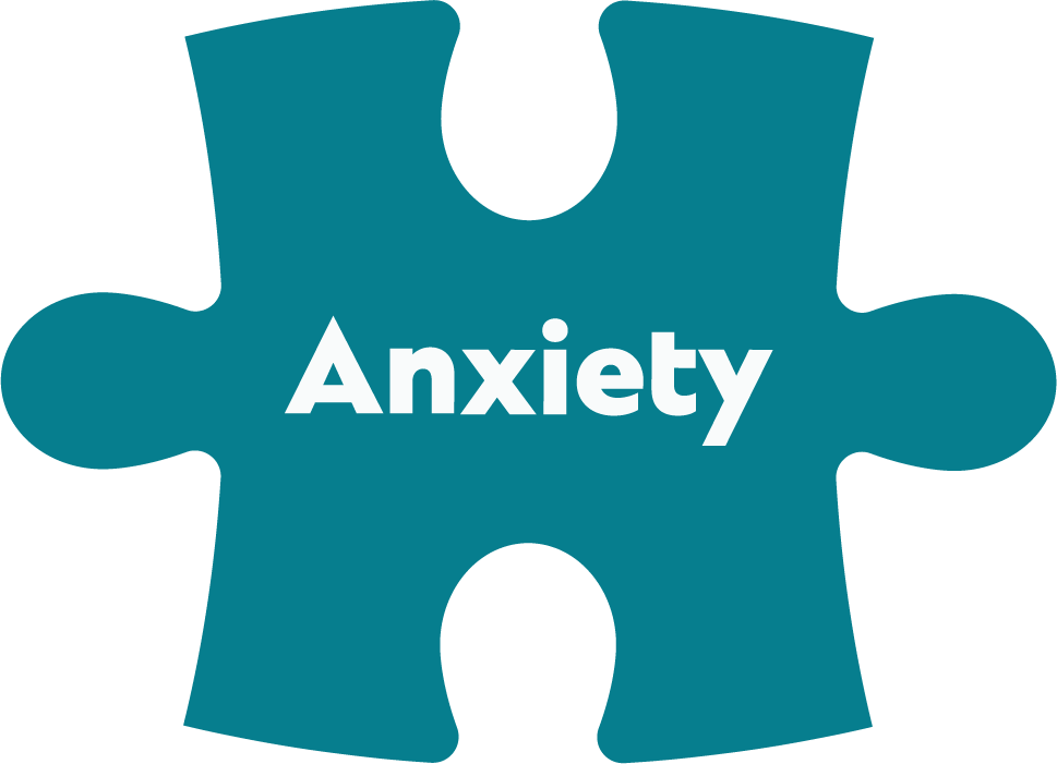 Blue puzzle piece with the word Anxiety in white bold letters.