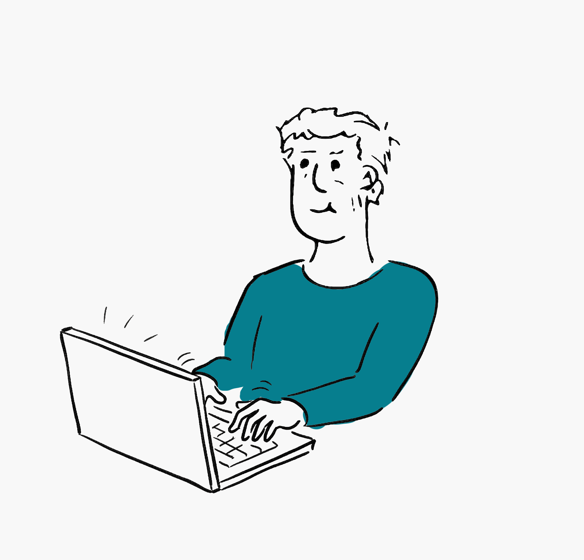 Illustration of a person wearing a teal shirt typing on a laptop keyboard.