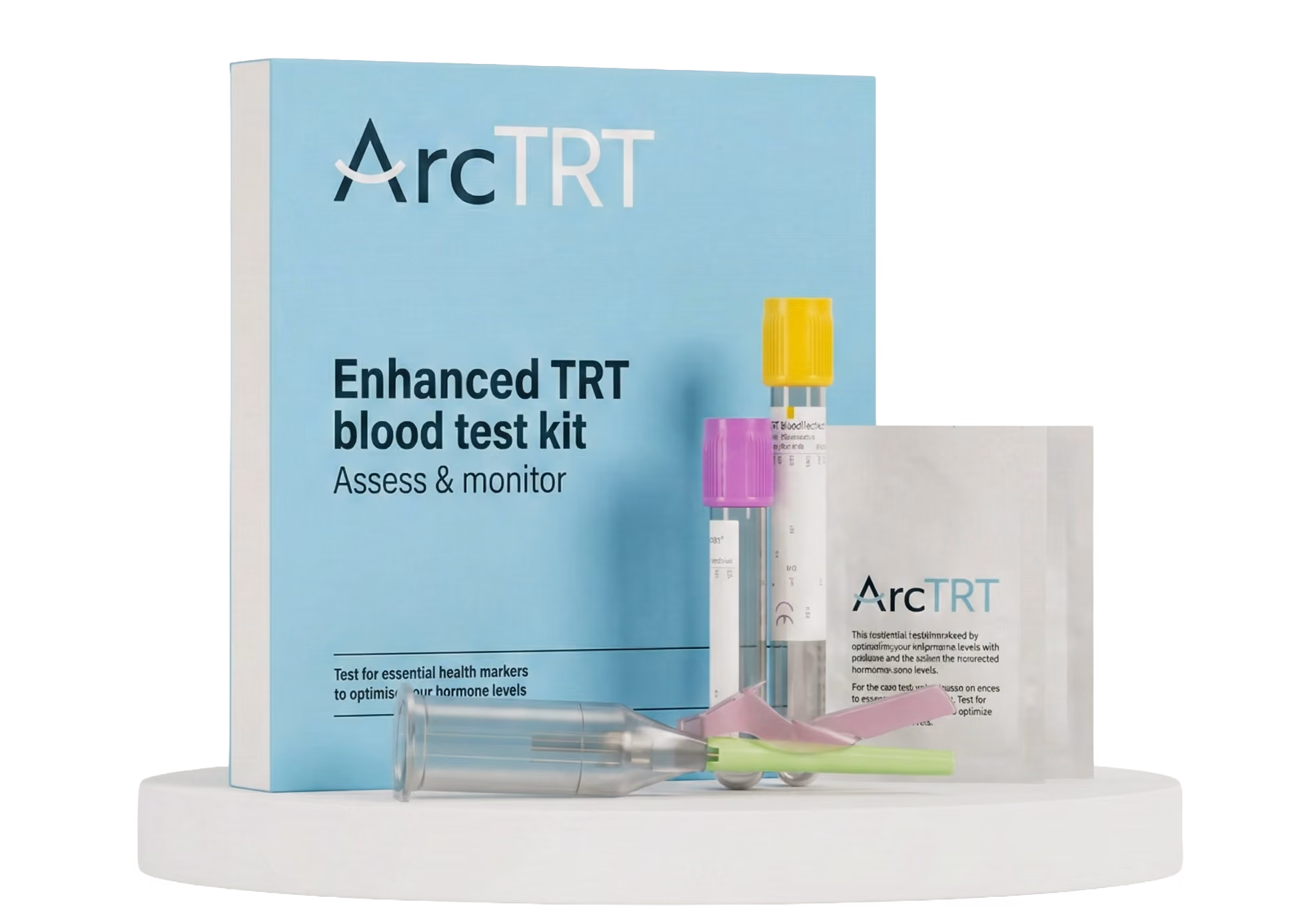 ArcTRT enhanced TRT blood test kit with a blue box, two blood collection tubes with yellow and purple caps, and a lancet device.