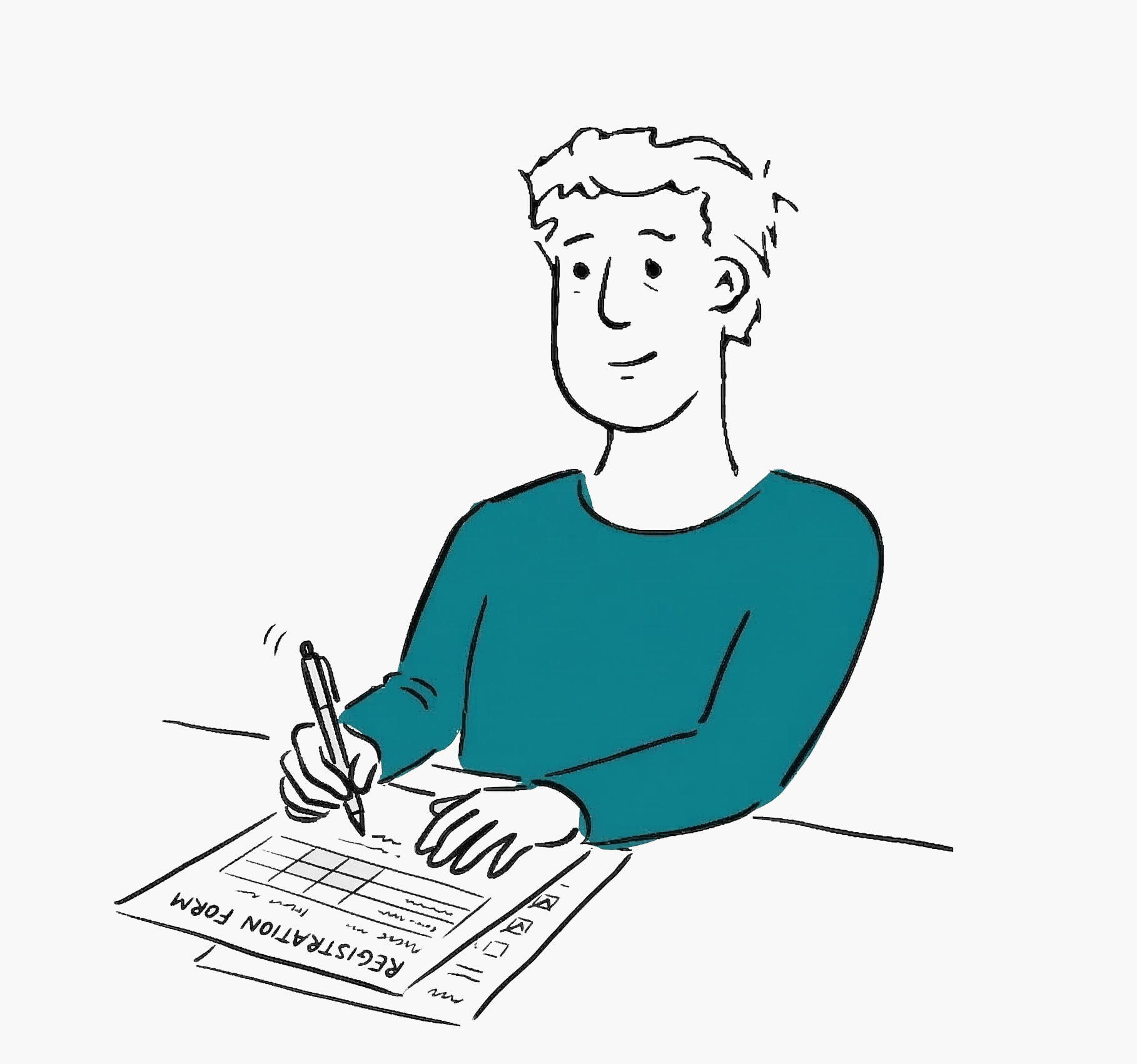 Illustration of a person in a teal shirt filling out a registration form with a pen at a table.