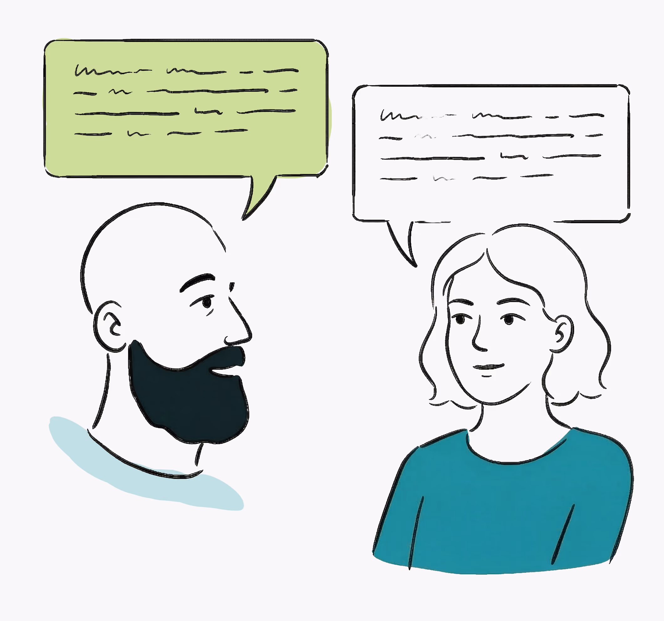 Illustration of a bearded man and a woman having a conversation with speech bubbles above them.