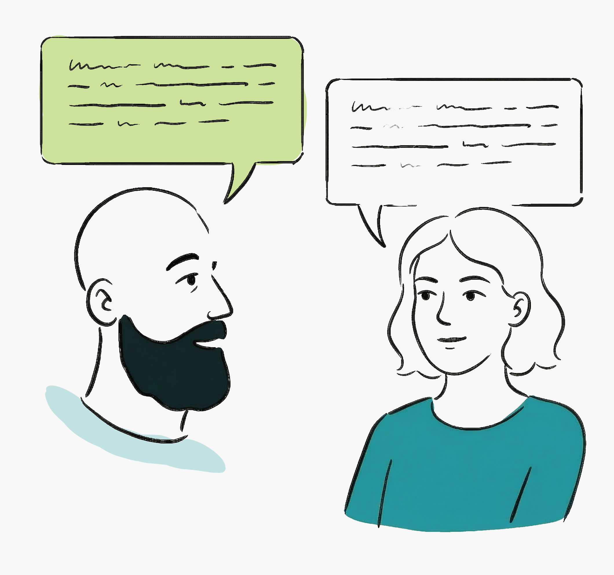 Illustration of a bearded man and a woman having a conversation with speech bubbles above them.