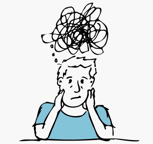 Illustration of a person with a confused expression and a tangled scribble representing brain fog above their head.