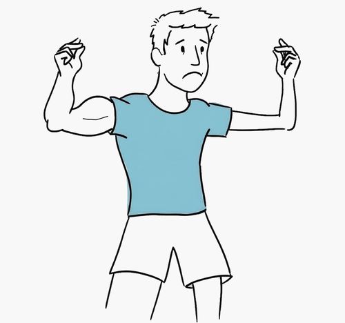 Cartoon of a young man with a muscular left arm and a thin right arm, wearing a blue shirt, with a worried expression.