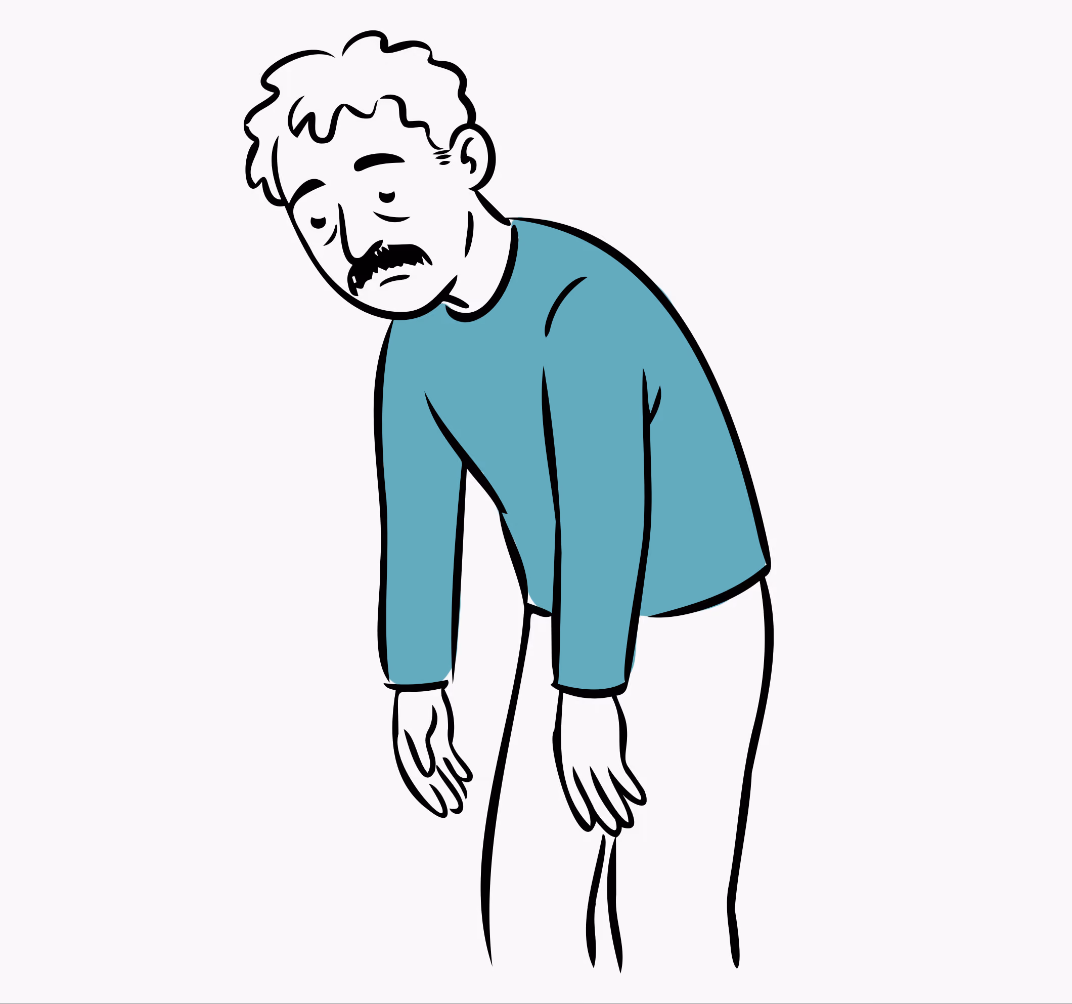 Illustration of a tired man with a mustache slouching forward wearing a blue long-sleeve shirt.