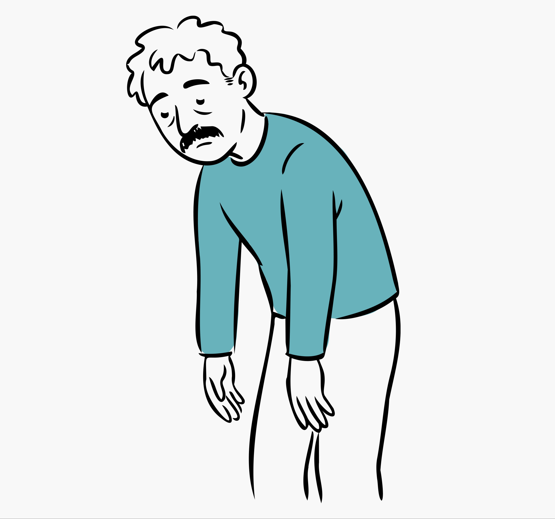 Illustration of a tired man with a mustache slouching forward wearing a blue long-sleeve shirt.