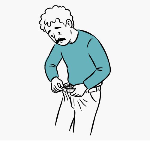 Illustration of a worried man with curly hair and a mustache looking down inside his pants waistband.