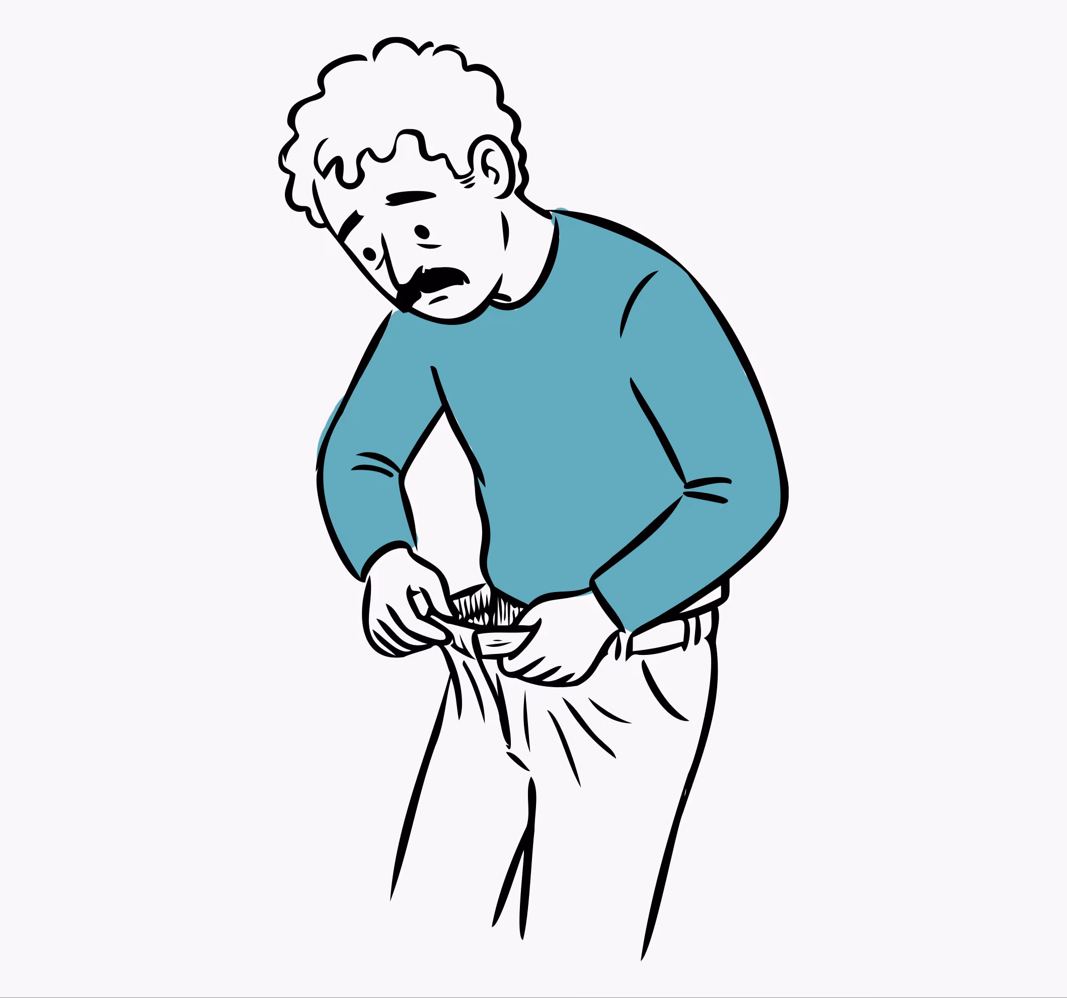 Illustration of a man with curly hair and mustache looking down into his open pants with a concerned expression.