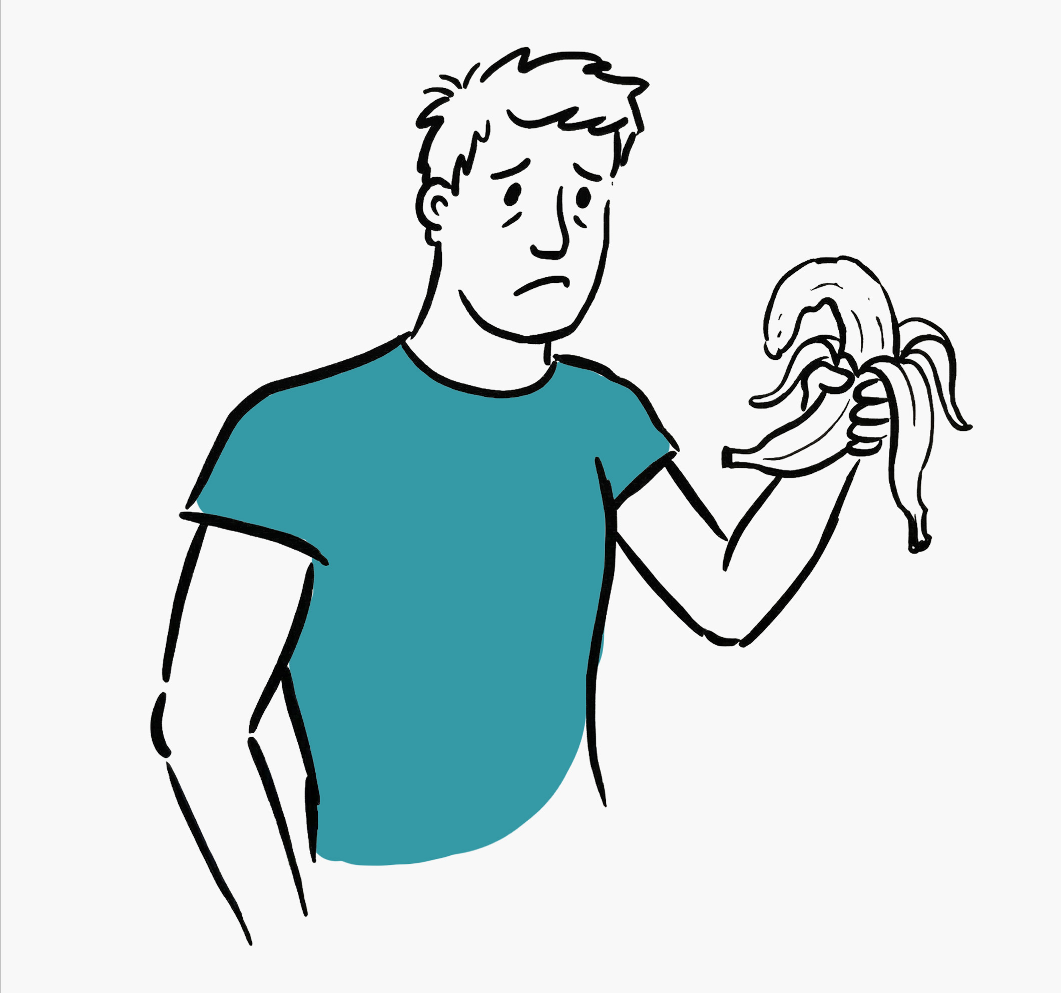 Illustration of a sad man in a teal shirt holding a peeled banana limp in his hand.