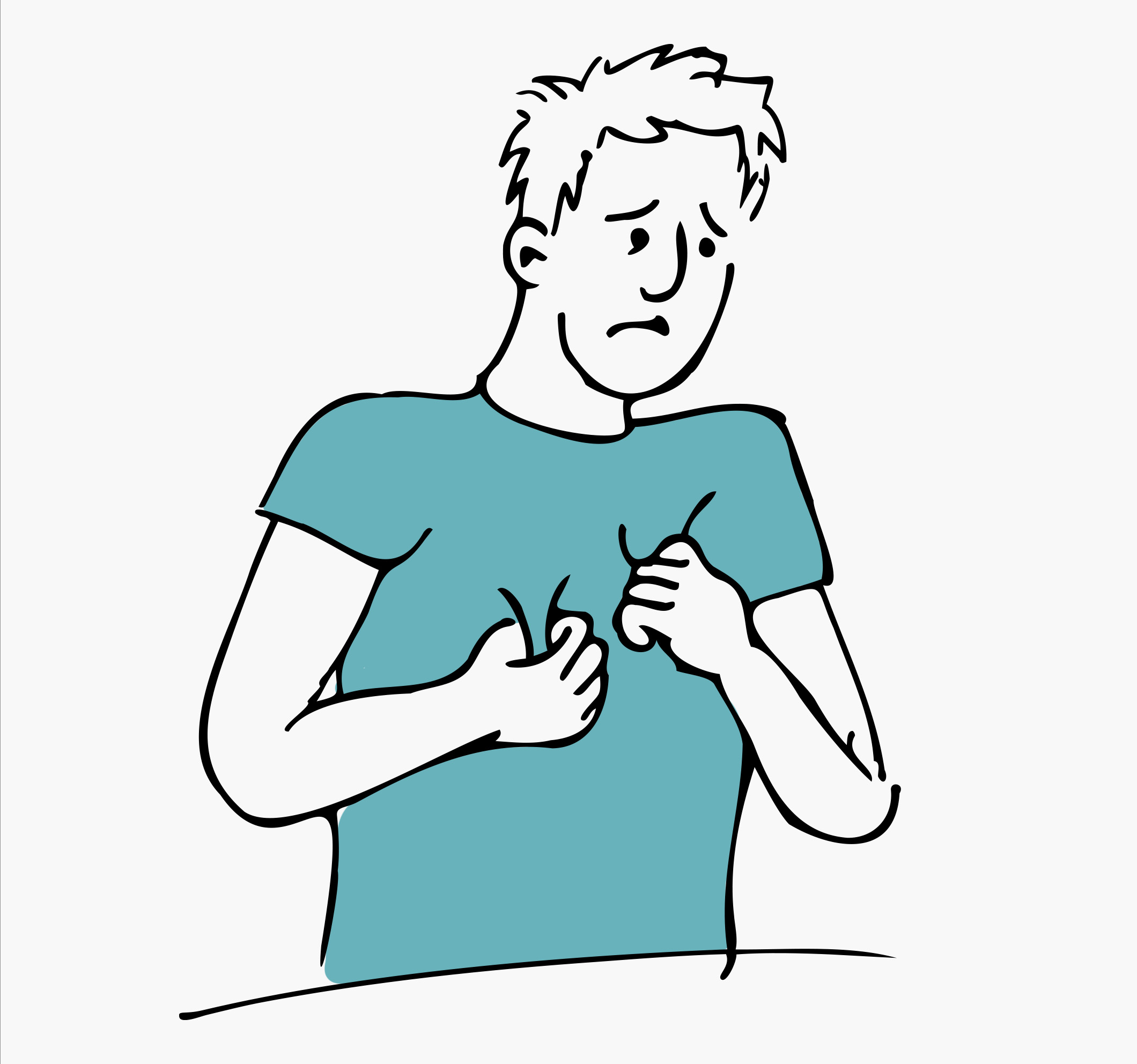 Illustration of a worried person clutching their chest, depicting anxiety or chest discomfort.