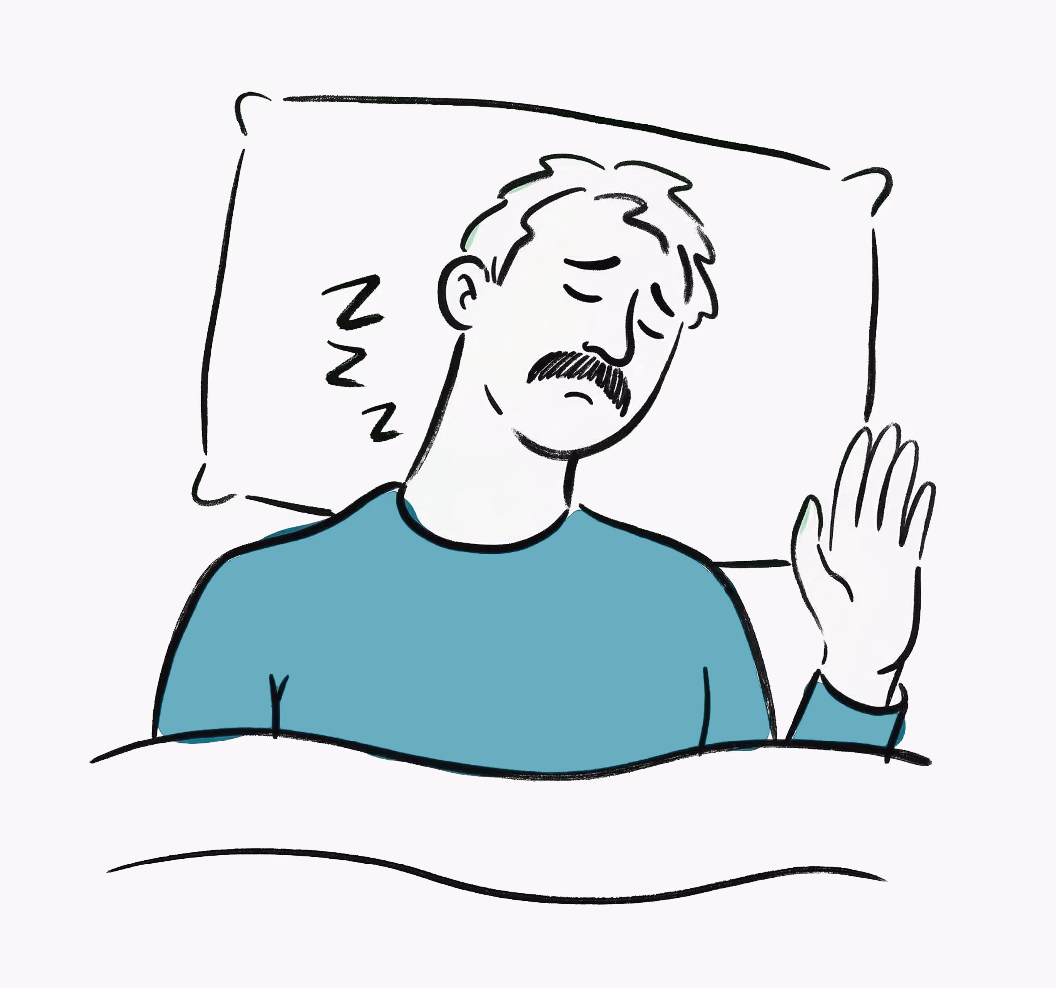 Illustration of a man with a mustache sleeping on a pillow with a blue shirt and a raised hand.