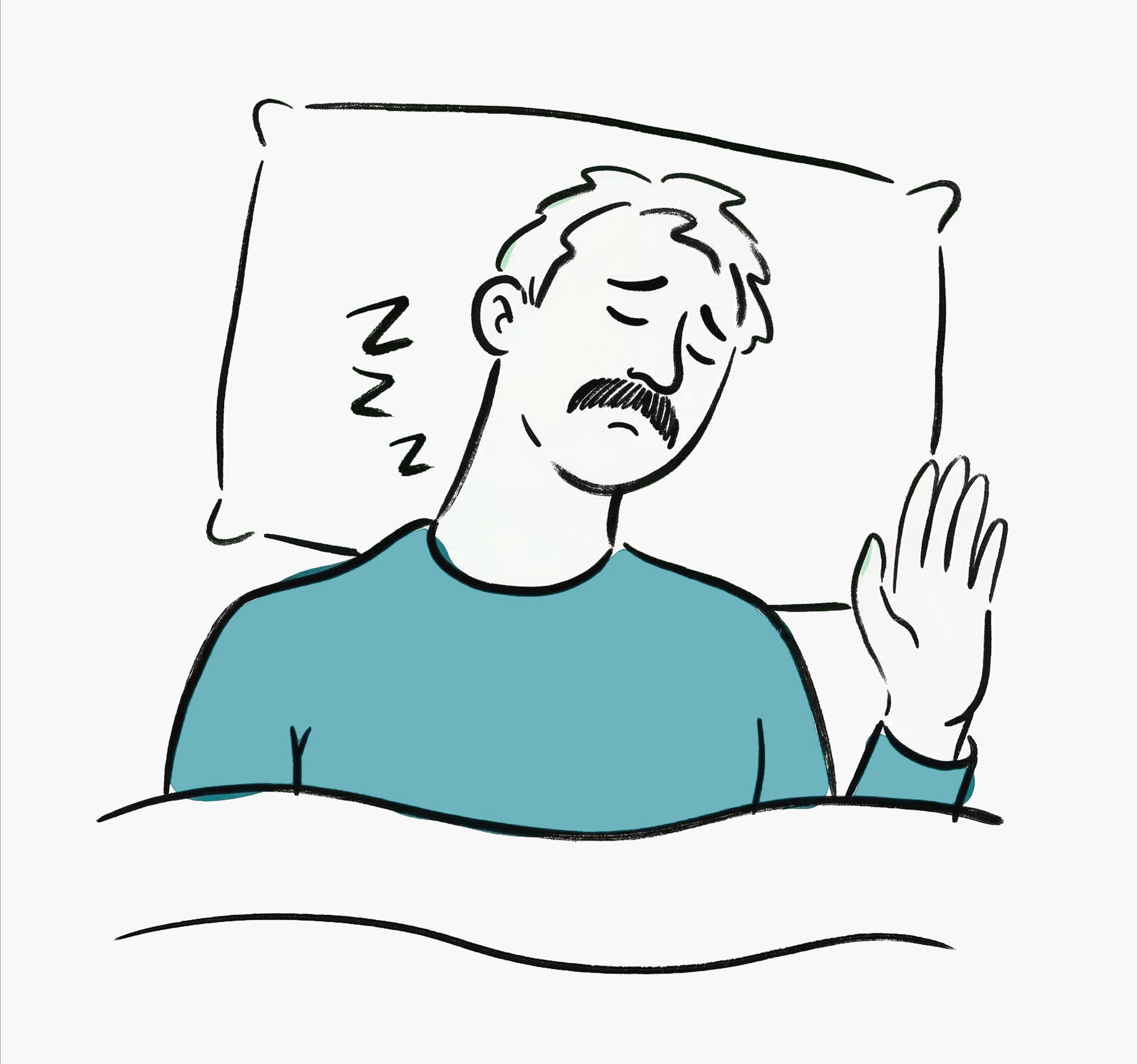 Illustration of a man with a mustache sleeping on a pillow with a blue shirt and a raised hand.