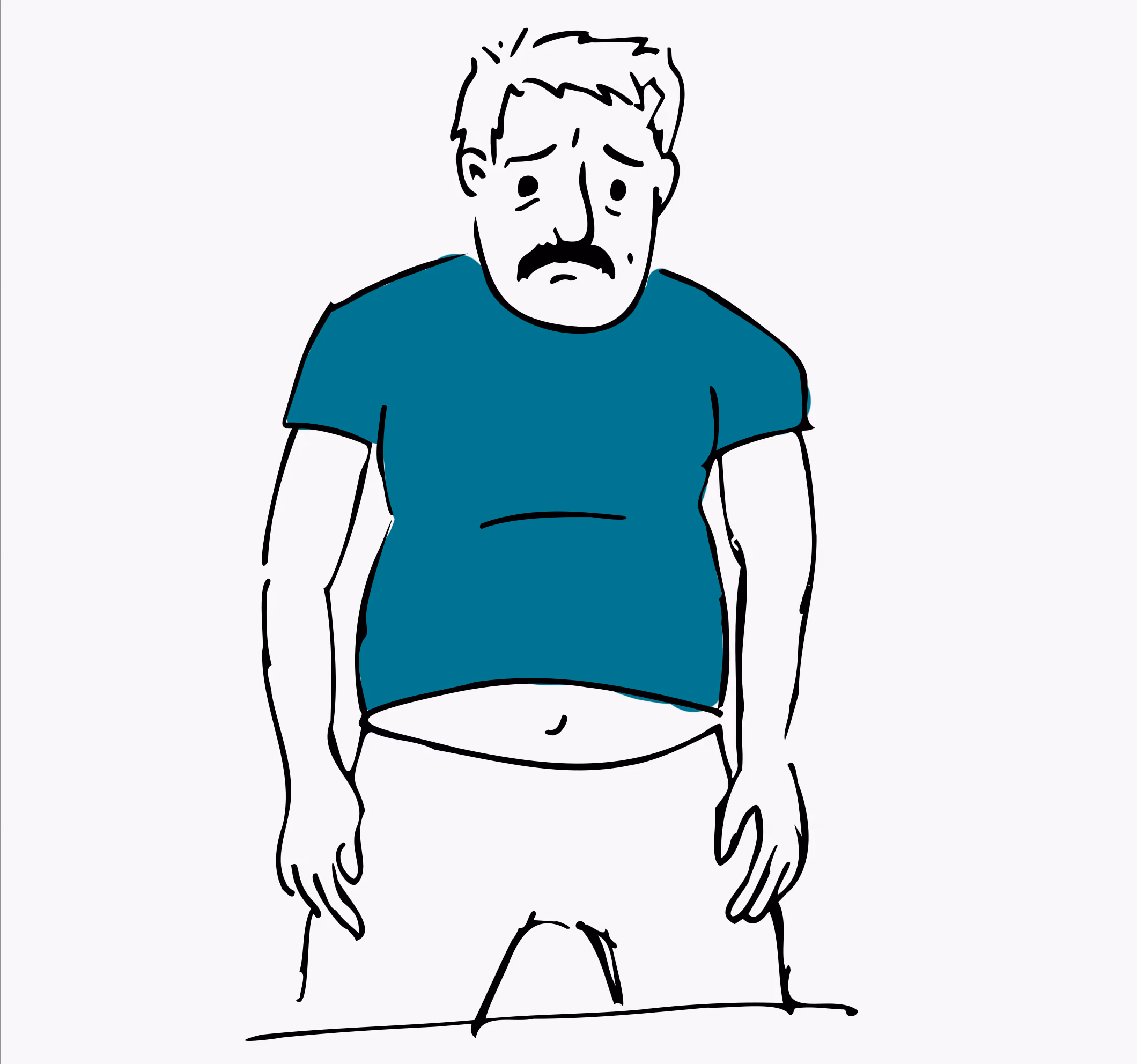 Illustration of a man with a sad expression, wearing a teal shirt and white pants, showing a slight belly.