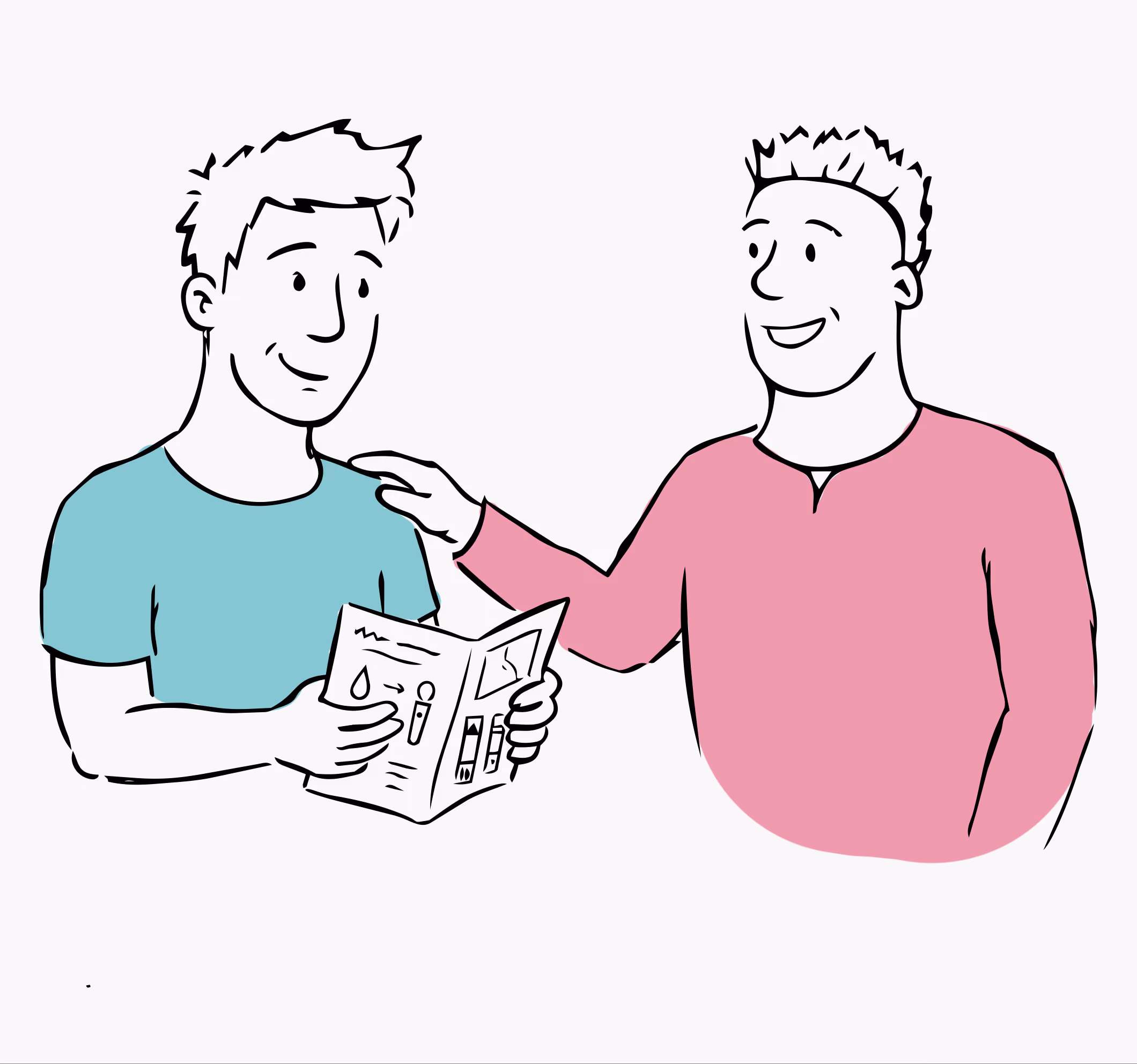 Illustration of one person in a pink shirt reassuring another person in a blue shirt who is holding a booklet.