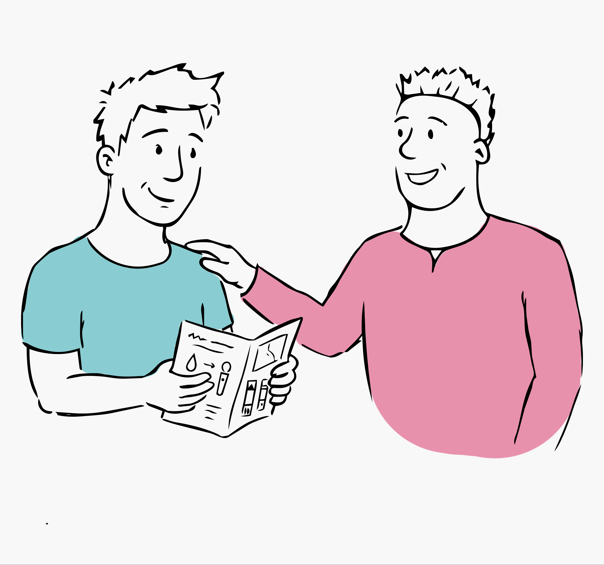 Illustration of one person in a pink shirt reassuring another person in a blue shirt who is holding a booklet.