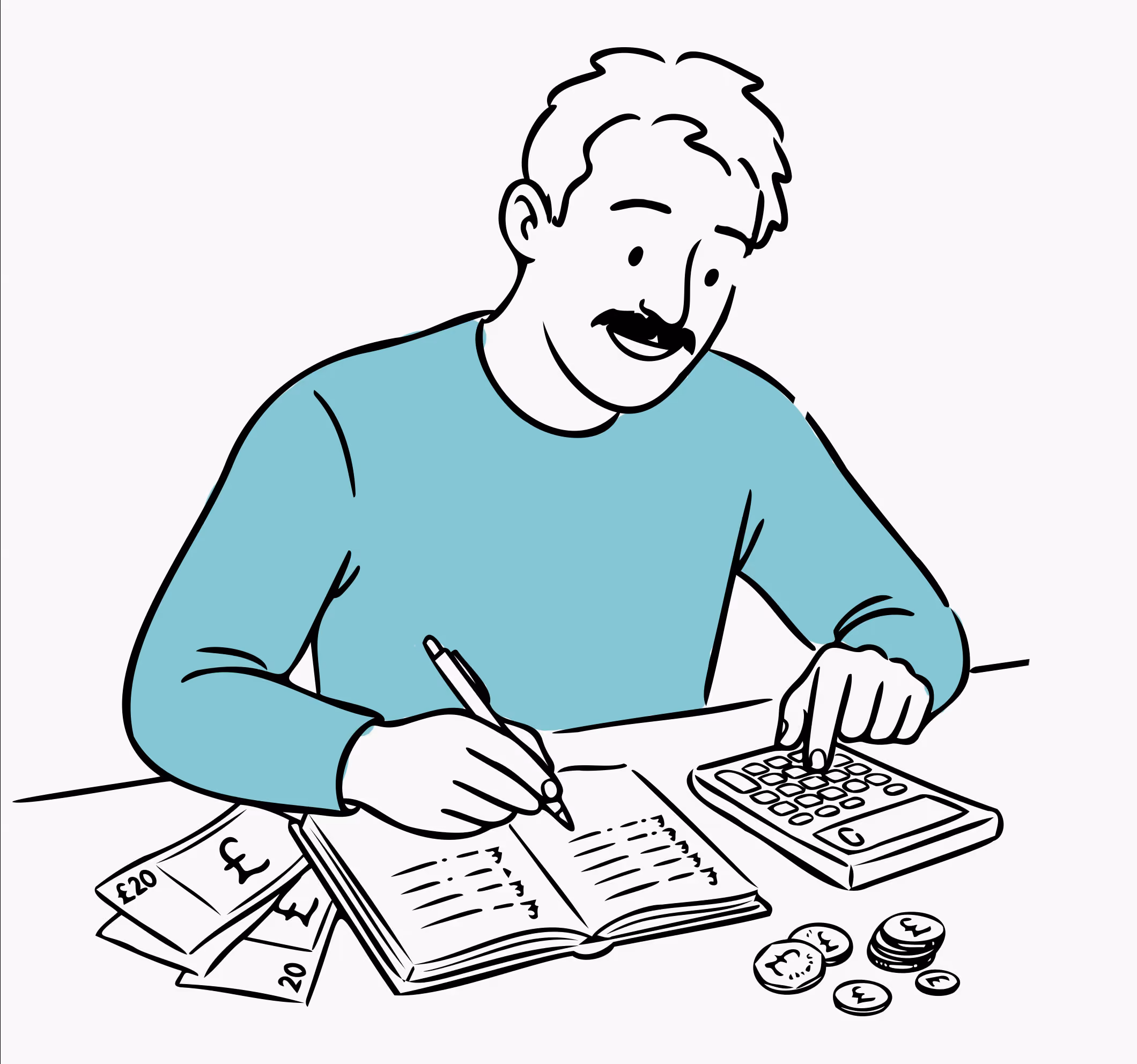 Man with mustache in a blue sweater using a calculator and writing in a notebook, with British pound banknotes and coins on the table.