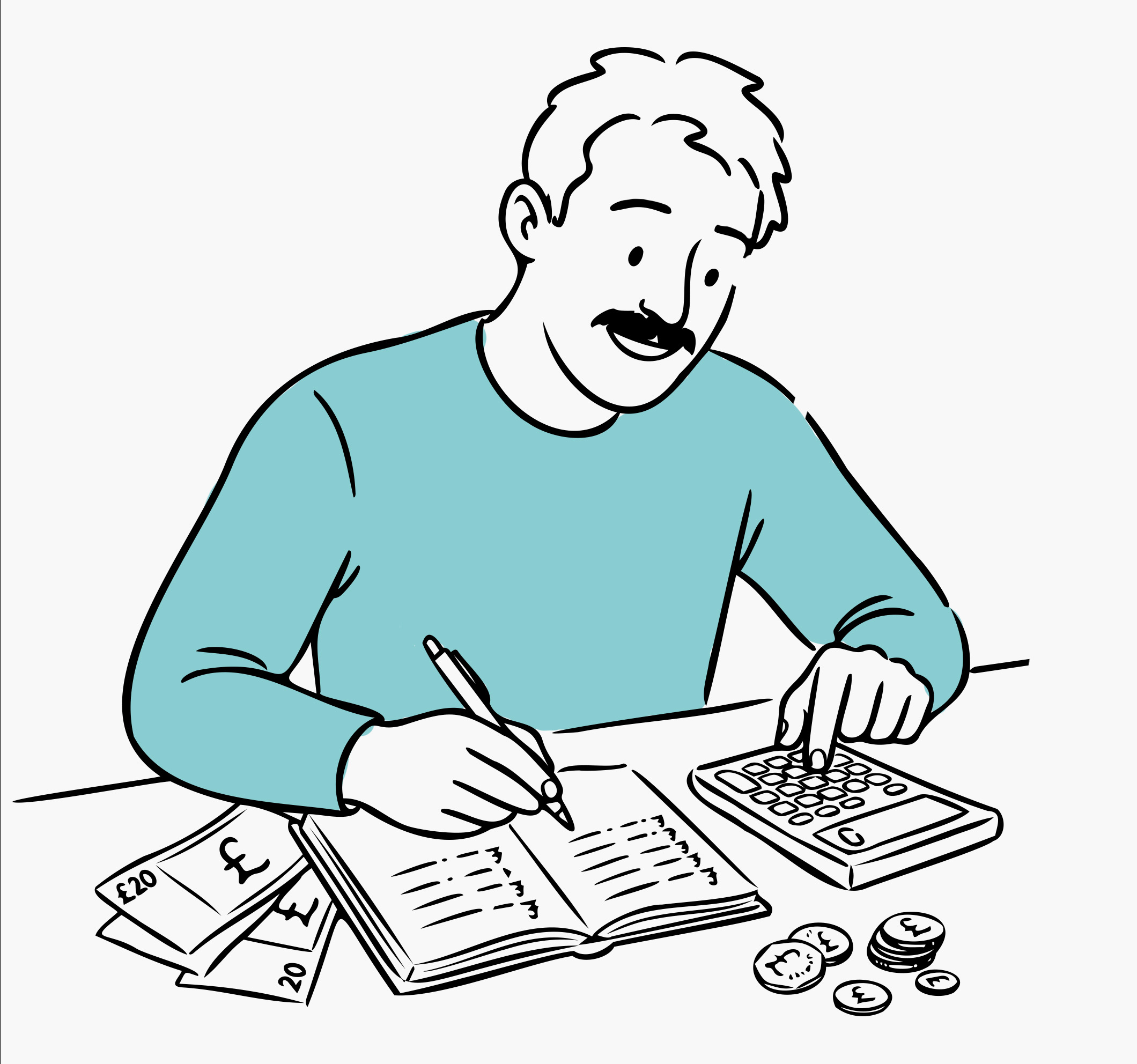 Man with mustache in a blue sweater using a calculator and writing in a notebook, with British pound banknotes and coins on the table.