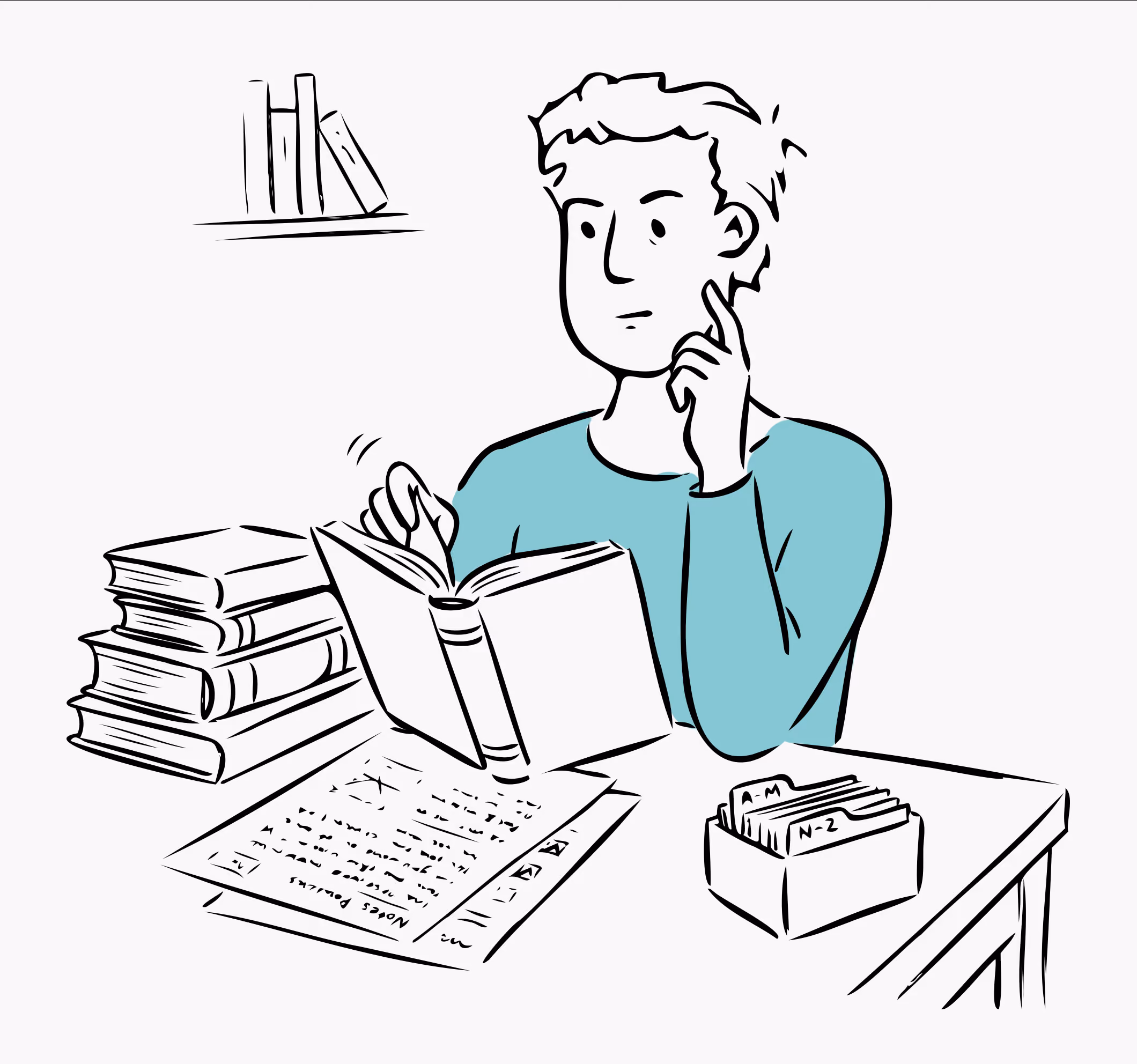 Person sitting at a desk reading a book surrounded by stacks of books and notes, appearing thoughtful.