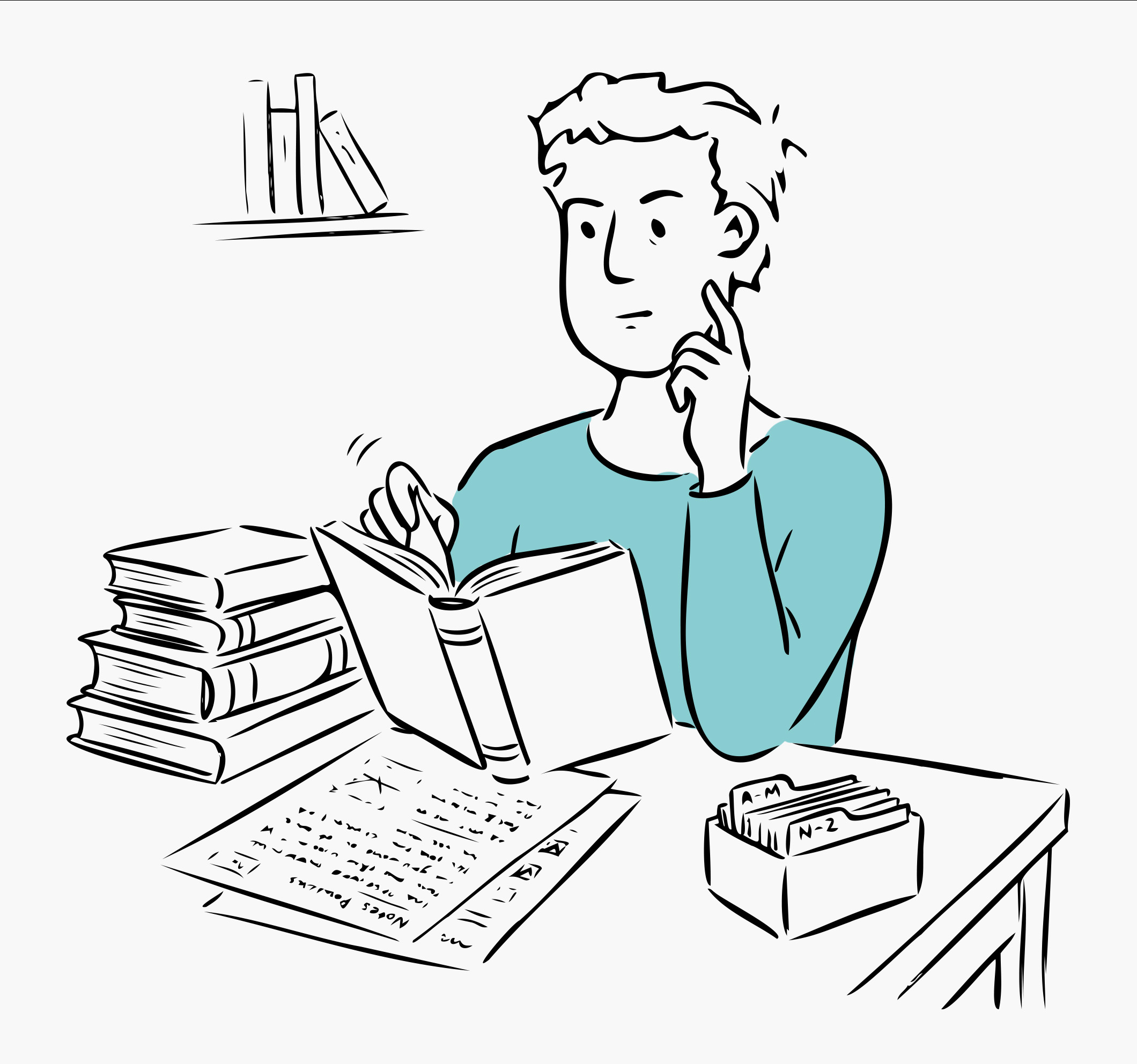 Person sitting at a desk reading a book surrounded by stacks of books and notes, appearing thoughtful.