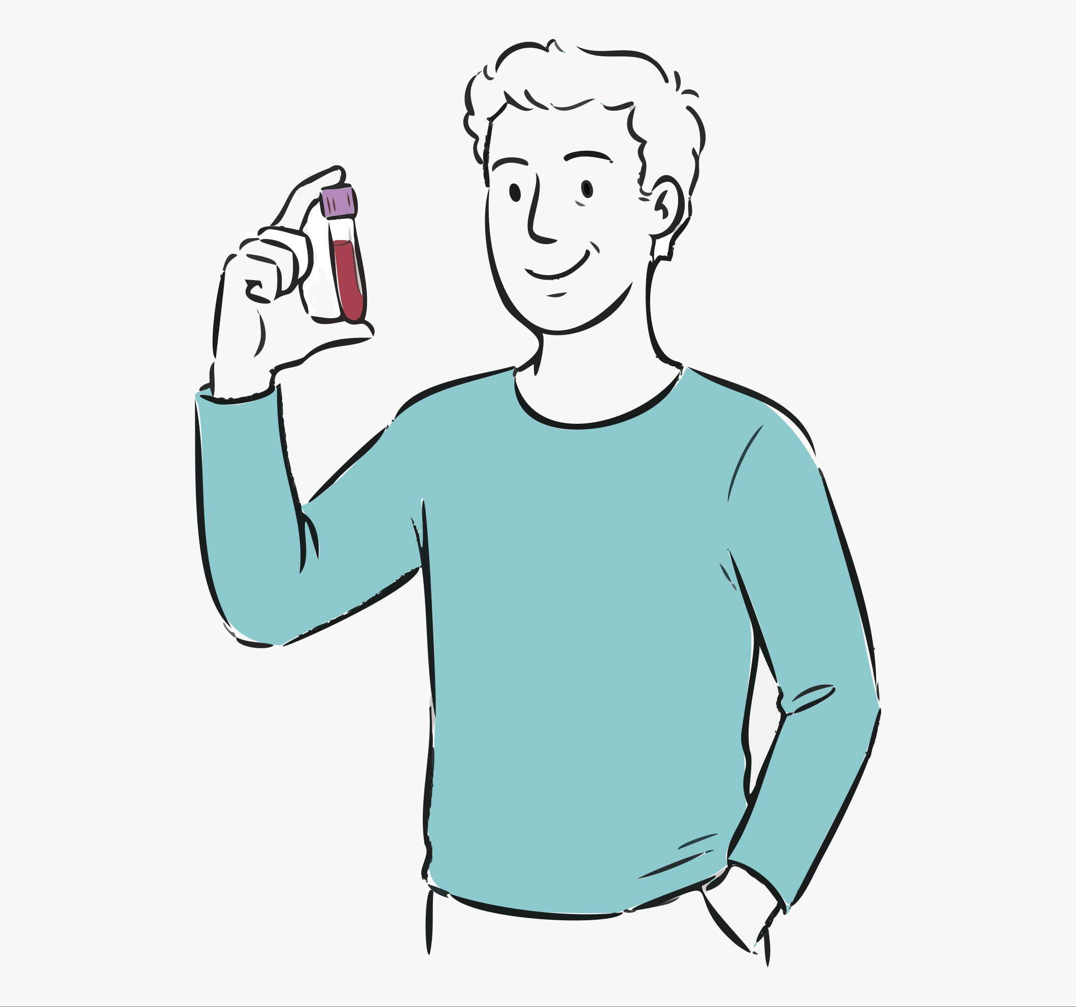 Illustration of a smiling man in a teal shirt holding up a test tube with red liquid inside.