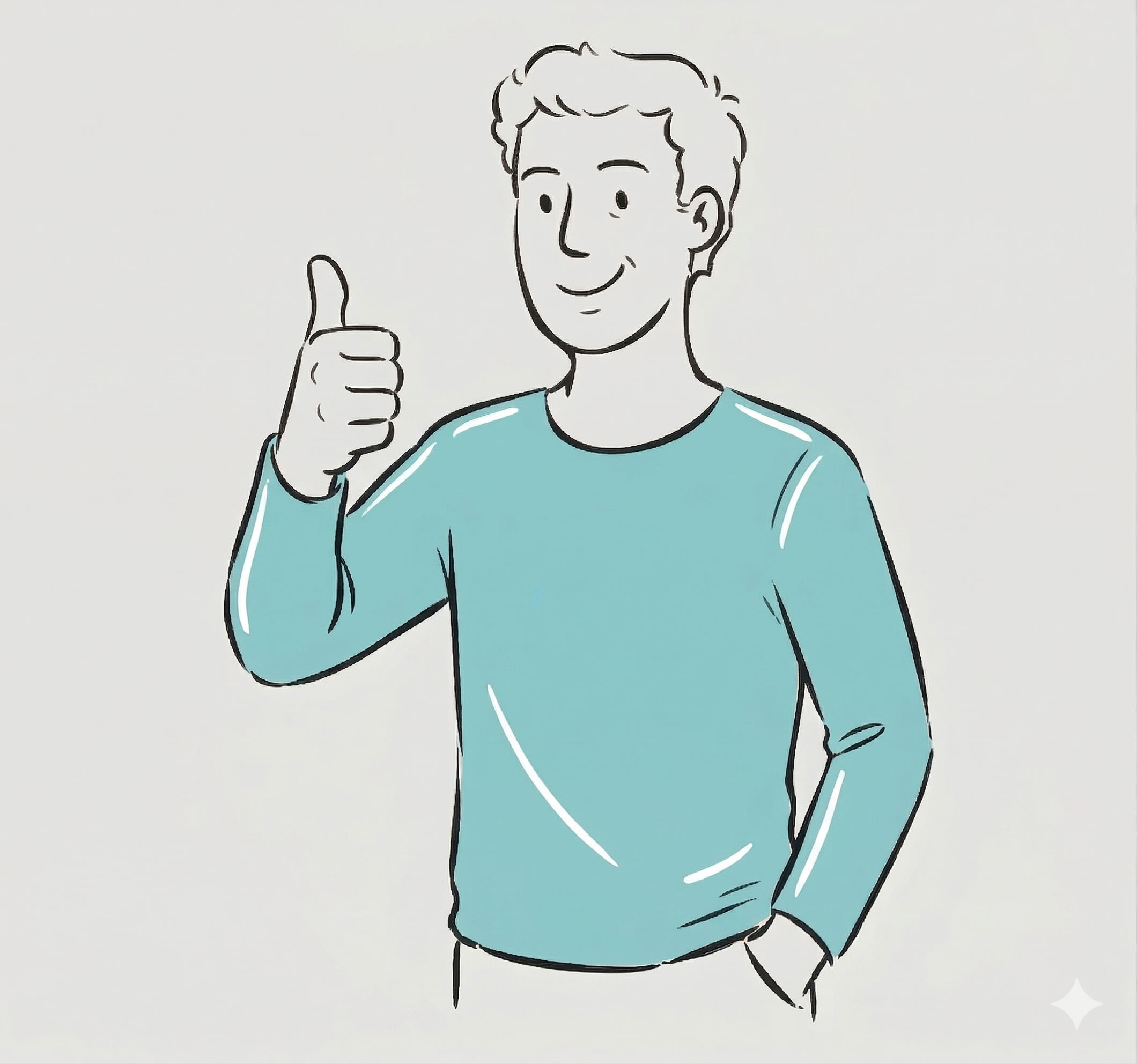 Illustration of a smiling man wearing a teal long-sleeve shirt giving a thumbs-up with one hand and the other hand in his pocket.
