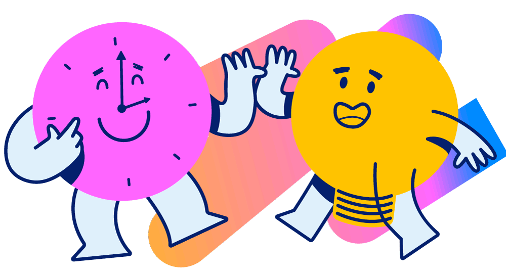 Illustration of a pink clock character and a yellow light bulb character giving a high five.