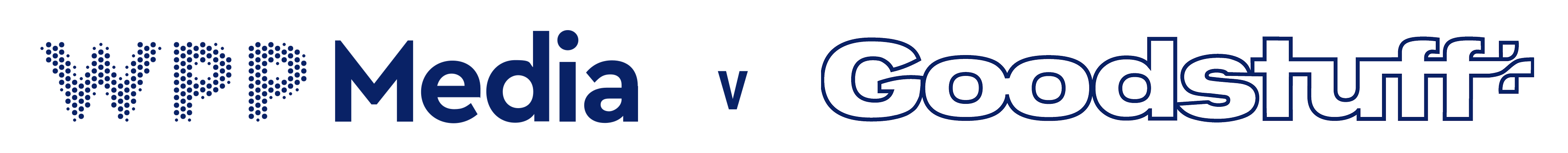 WPP Media logo represented by dotted WPP letters followed by the word Media in solid navy blue text, a lower-case 'v' indicating versus, and the Goodstuff logo with outlined bold letters and an apostrophe.