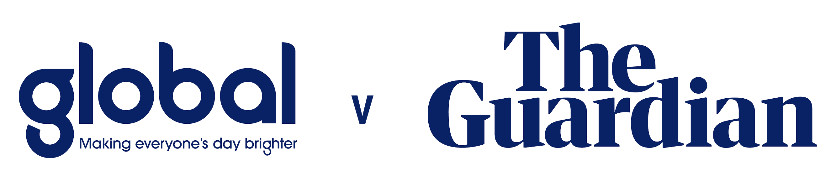 The word 'global' in lowercase blue letters with the tagline 'Making everyone's day brighter' below it, positioned to the left of a blue 'v' and the words 'The Guardian' in large blue font on the right.