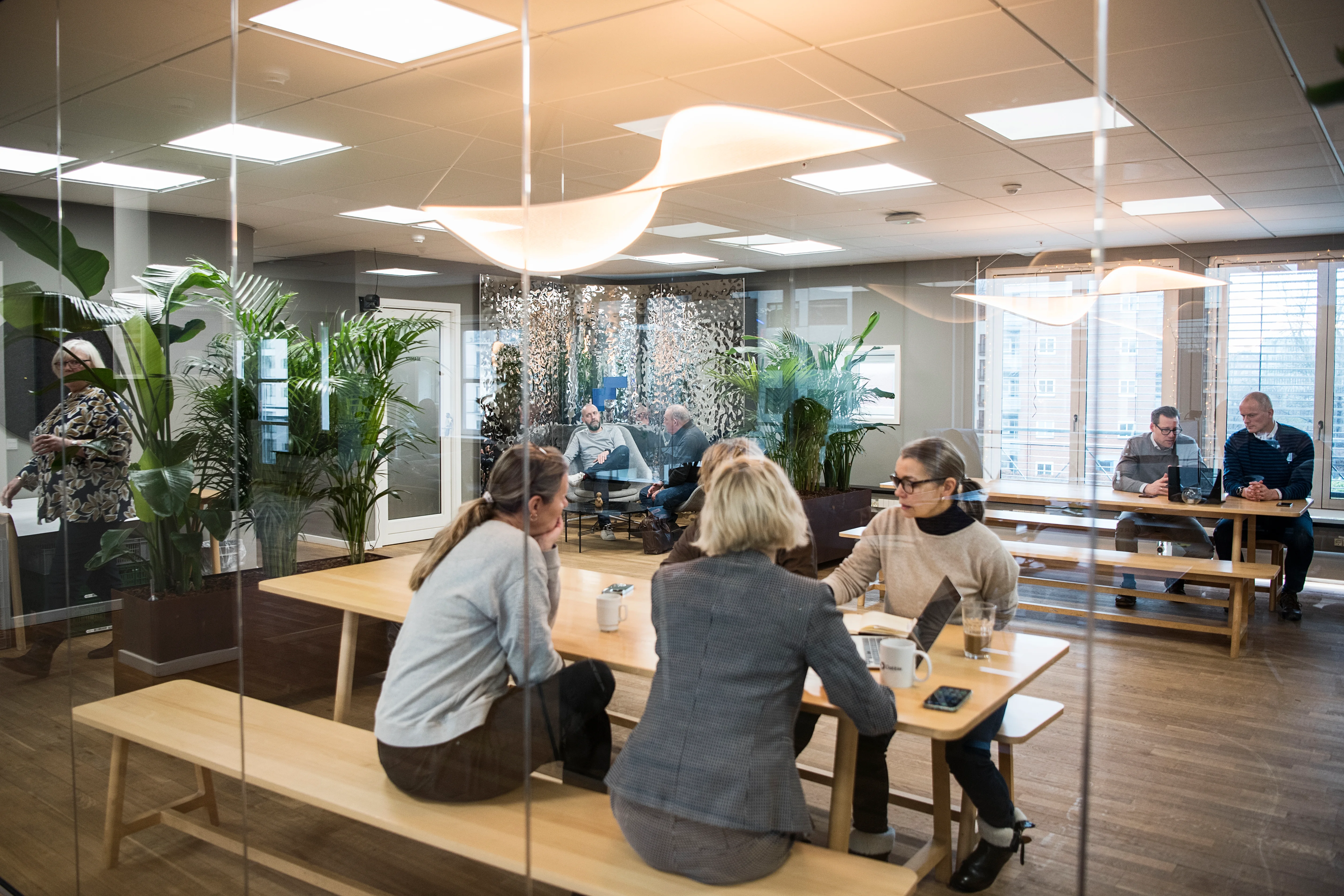 People having discussions in a modern office break area with wooden benches, tables, plants, and large windows.