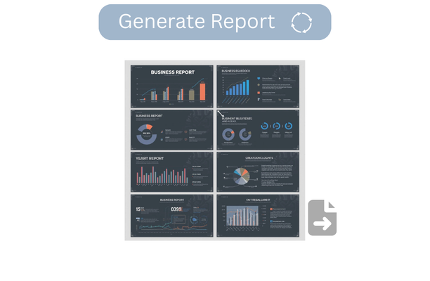 Dashboard with multiple business report charts and graphs below a blue button labeled 'Generate Report' with a circular refresh icon.