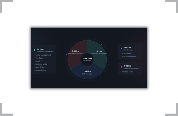 Diagram illustrating the 'Three Lines of Defense' model with a central circle labeled Three Lines of Defense, divided into 1st Line for Operational Management, 2nd Line for Risk Oversight, and 3rd Line for Independent Assurance, with corresponding roles listed around the diagram.