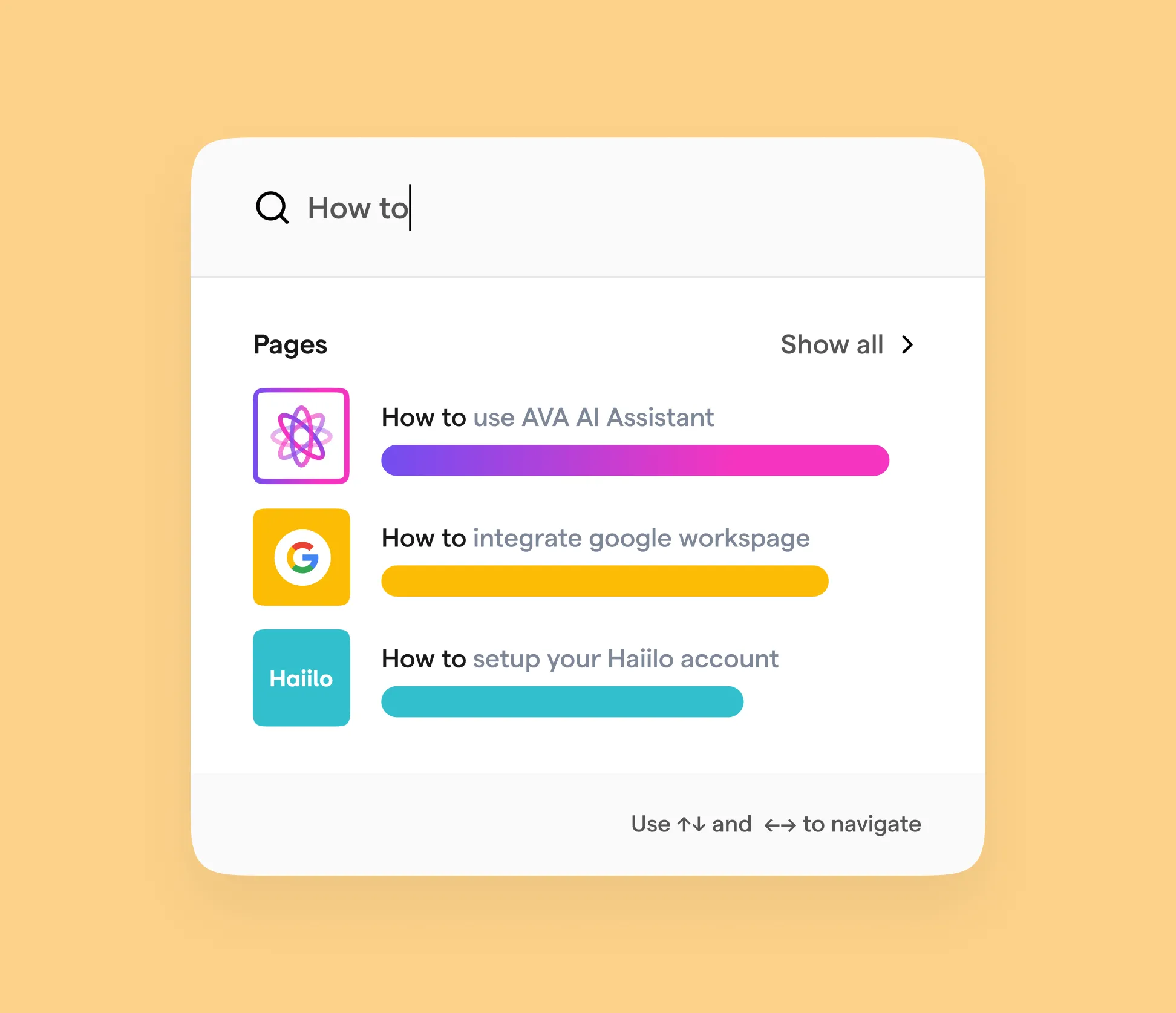 Search box showing results for 'How to' with pages on AVA AI Assistant, Google workspace, and Haiilo account setup.