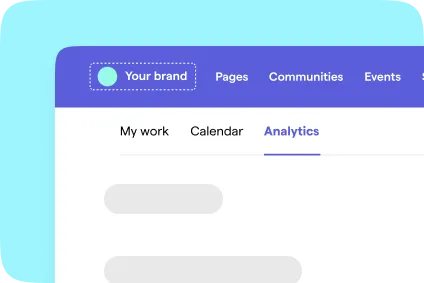 Website navigation bar with Your brand, Pages, Communities, Events, My work, Calendar, and Analytics sections.
