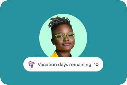 Portrait of a person with short hair and glasses, with a banner showing 10 vacation days remaining.