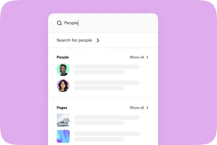 Search interface showing results for people and pages with profile pictures and icons on a purple background.