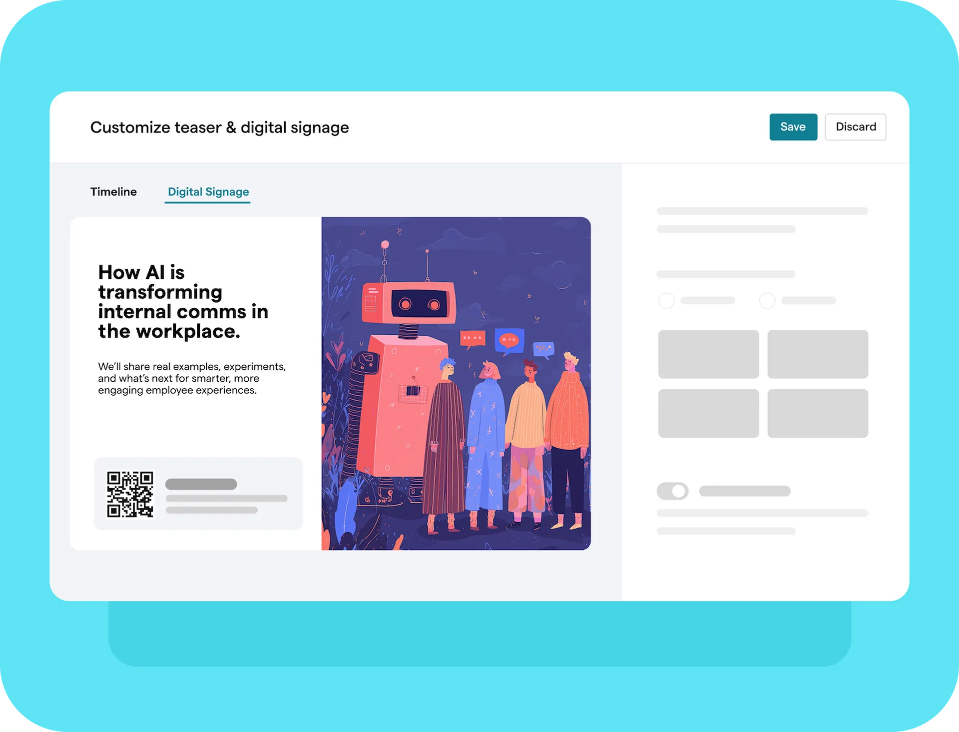 Screen showing digital signage editor with AI transforming workplace communication message and robot illustration.