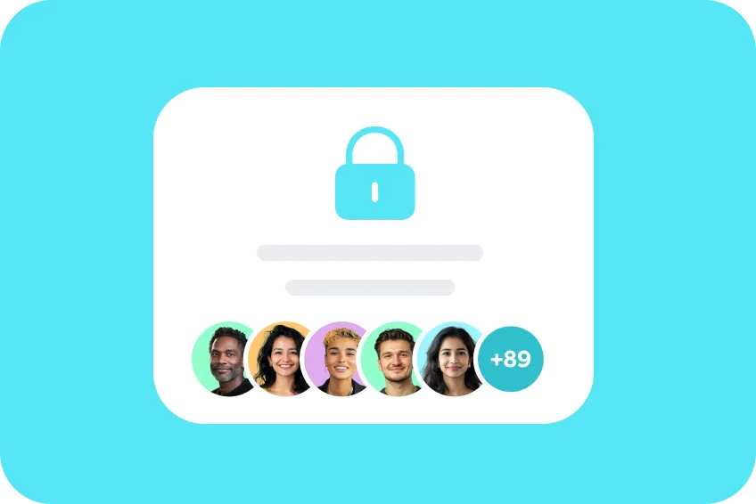 White card with a blue lock icon and five user avatars plus a circle showing +89, on light blue background.