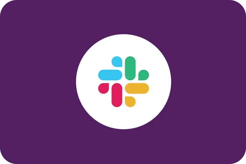 Slack logo with green, blue, red, and yellow elements on a white circle and purple background.