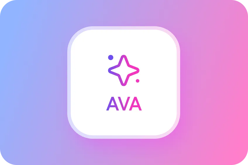 White rounded square button with pink and purple star icon above the text AVA on gradient blue to pink background.
