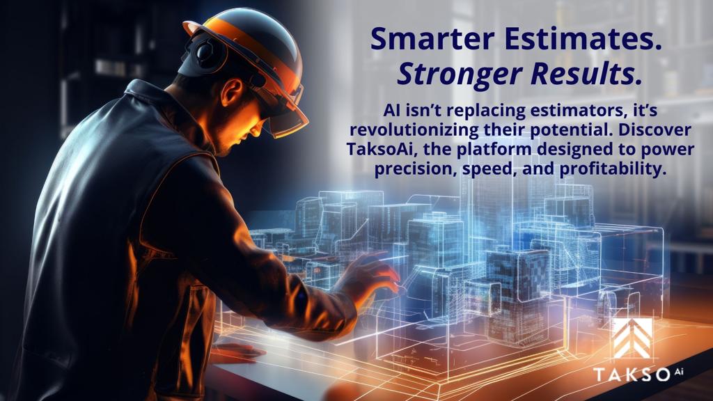 Engineer analyzing 3D digital building models with AI overlays, symbolizing how TaksoAI delivers faster, more precise, and profitable construction estimates.