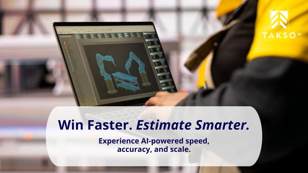 Construction professional using AI estimating software on a laptop to analyze digital takeoff models and improve speed, accuracy, and scalability.