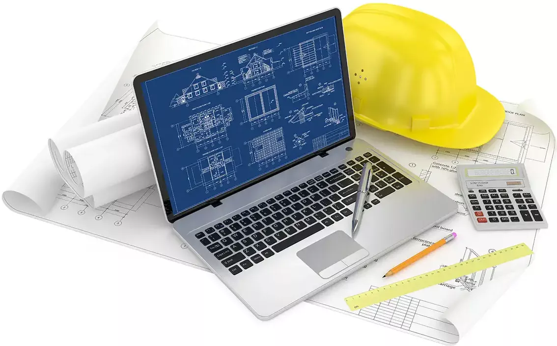 Computer screen displaying a construction blueprint