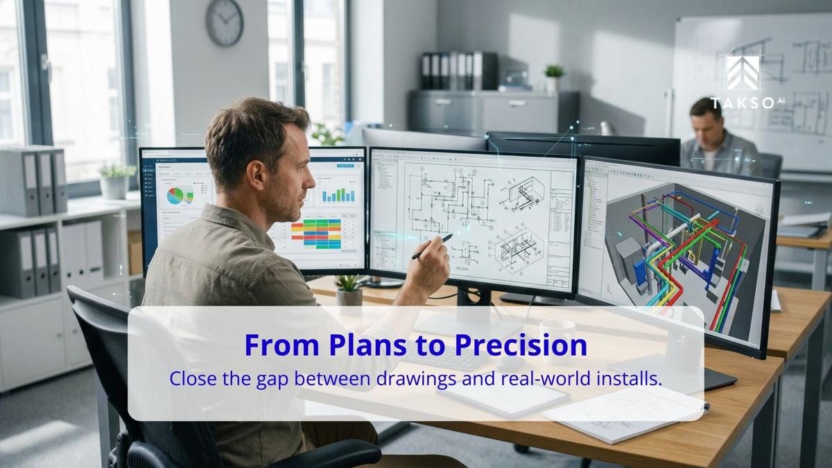 Mechanical estimator reviewing piping plans on multiple monitors with CAD drawings and 3D models, demonstrating AI-assisted takeoffs and precision planning for real-world installations