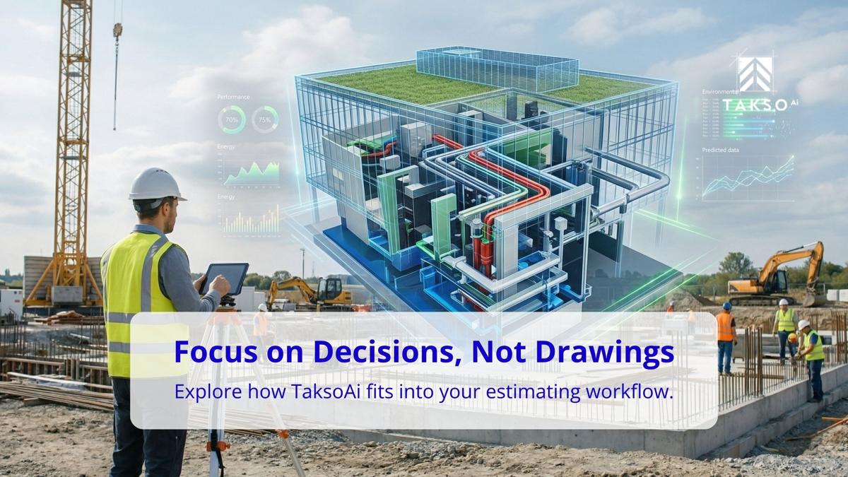Construction worker using a tablet on a jobsite with a digital 3D building model overlay showing piping systems and data analytics, representing AI-powered estimating and construction decision-making with Takso AI