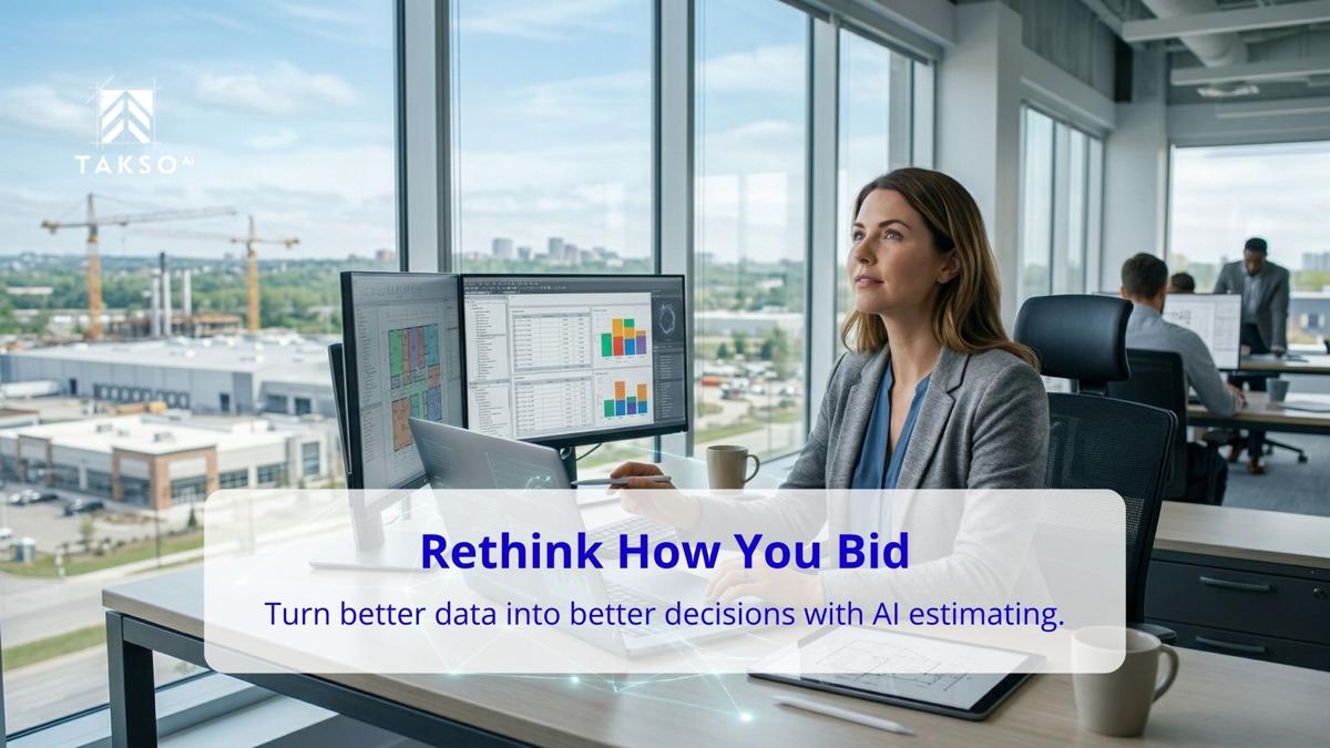 Professional estimator working on a laptop with multiple monitors displaying construction data and charts, overlooking an active jobsite, representing AI-powered estimating workflows and better bidding decisions