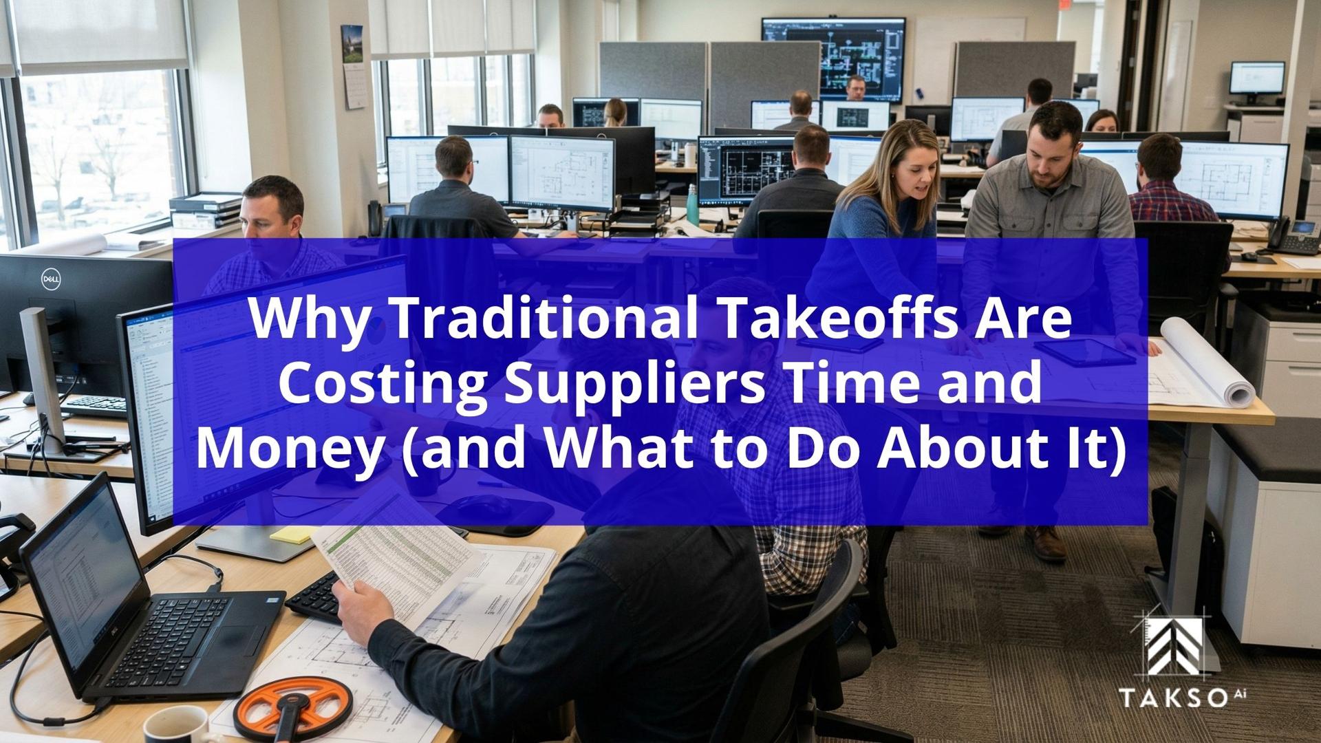 Busy estimating office with team reviewing construction drawings and spreadsheets, highlighting how traditional takeoffs cost time and money for suppliers and contractors
