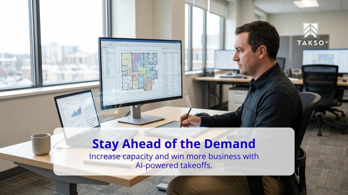 Estimator analyzing construction plans and data on dual screens at a desk, representing increased capacity and efficiency with AI-powered takeoffs and modern estimating workflows