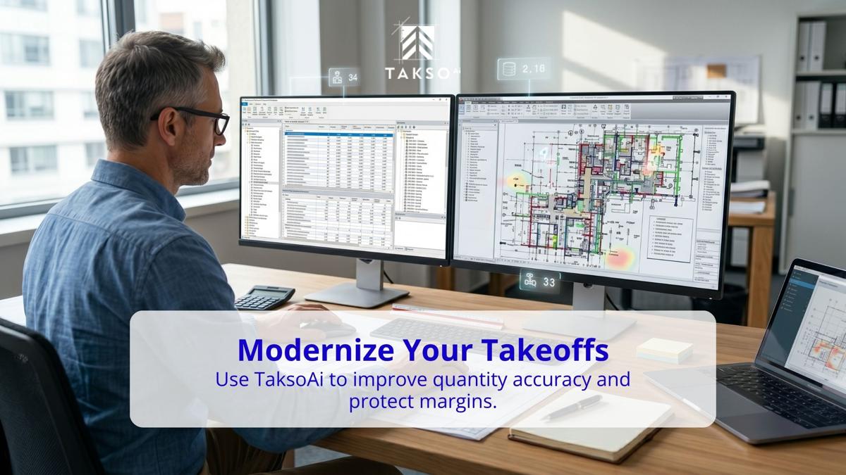 Estimator working at dual monitors displaying takeoff software, spreadsheets, and building plans, representing modernized takeoffs, improved quantity accuracy, and protected project margins with Takso AI